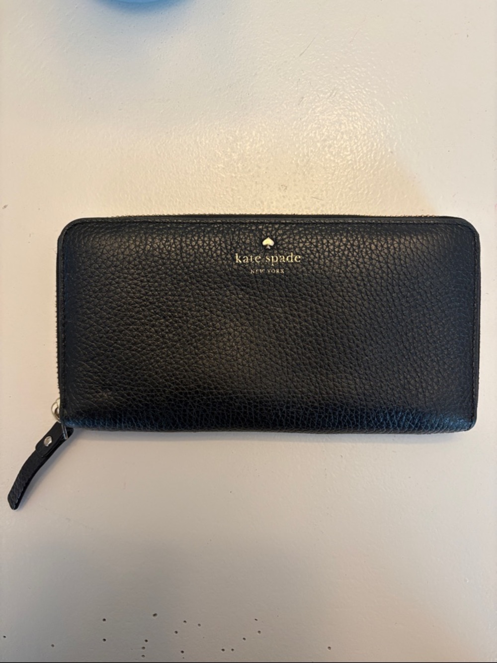 kate spade Black Pebbled Leather Zip Wallet with Gold Logo